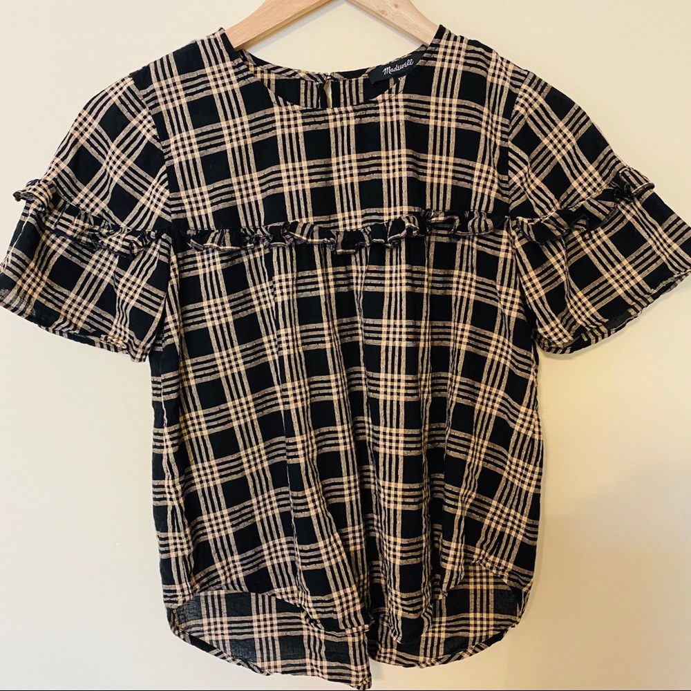 Madewell Metallic Black Plaid Ruffle Blouse